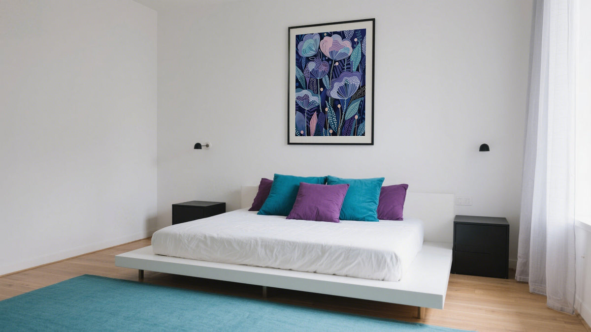  A minimalist bedroom featuring a colorful Yayoi Kusama poster with bold blooms, showcasing a contemporary interpretation of japanese flower art on a white wall.