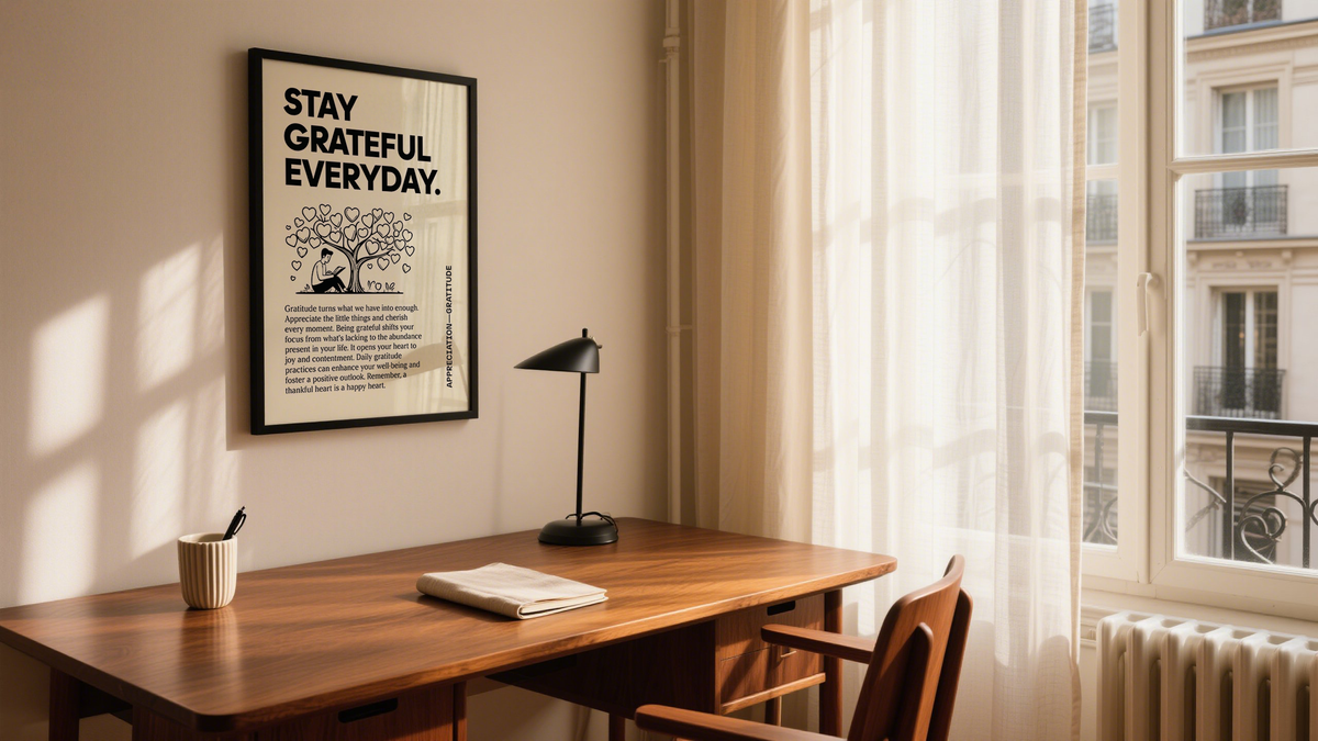 Wall of Gratitude showing print above desk with message