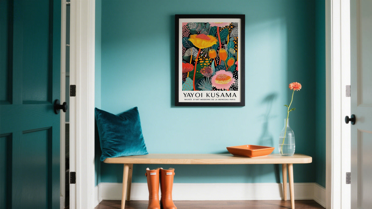 Colorful Flower Prints above a bench in entryway