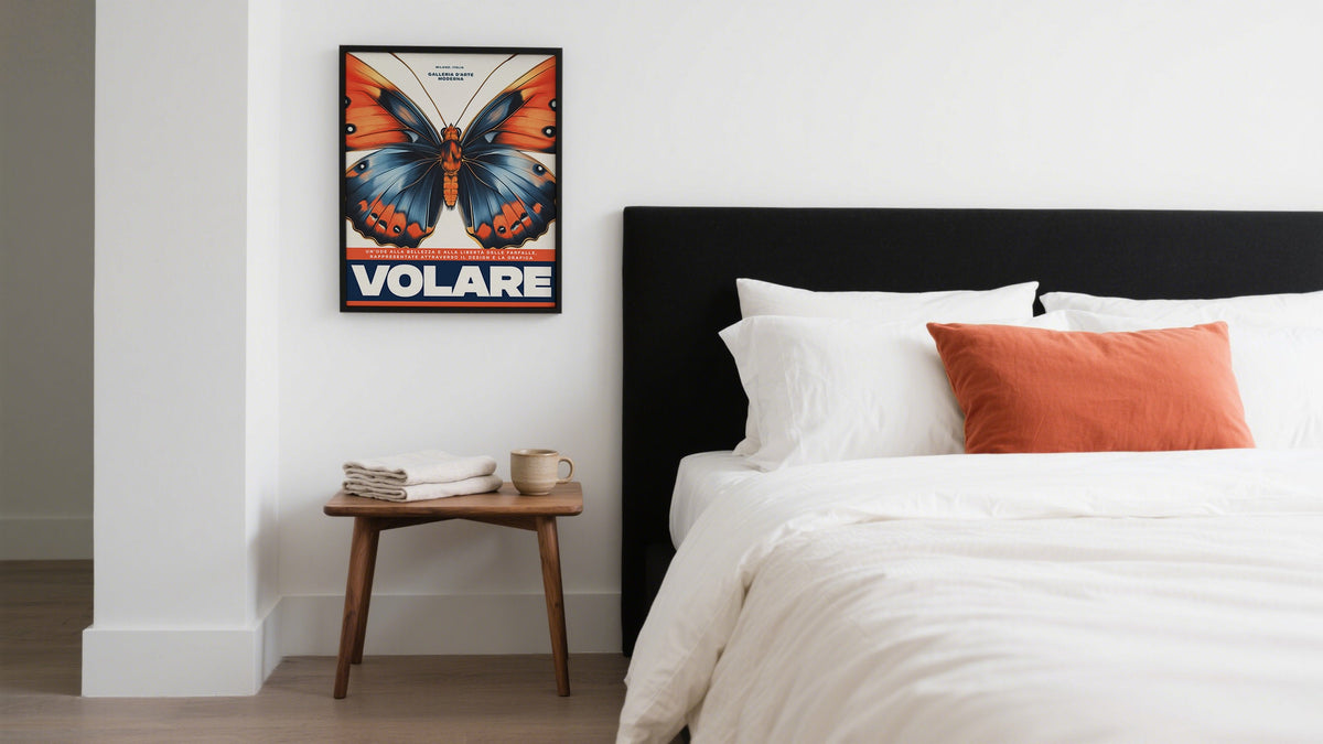 bedroom prints and posters of a large butterfly in red and blue