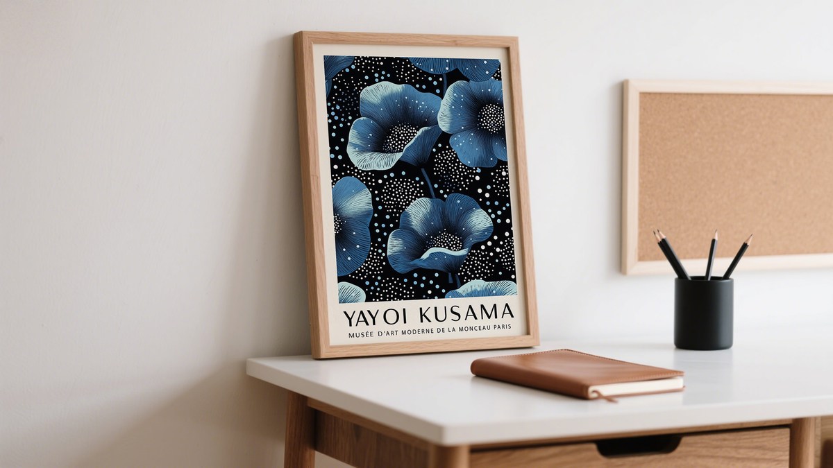 Blue and White floral prints displayed in a office