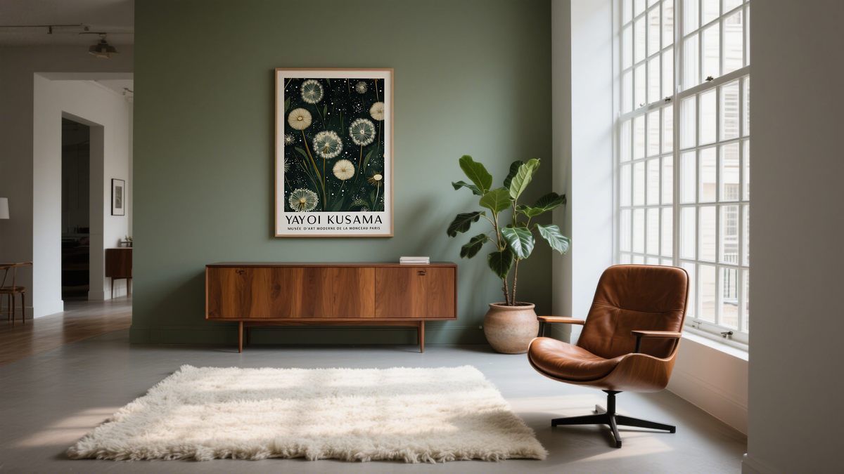Green and White Dandelion Big Floral Print for living room