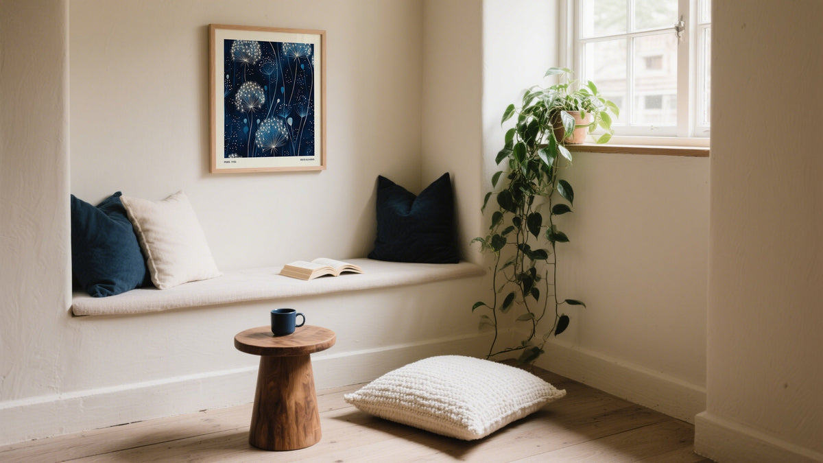 Framed navy blue floral wall art, styled with natural decor and warm light.