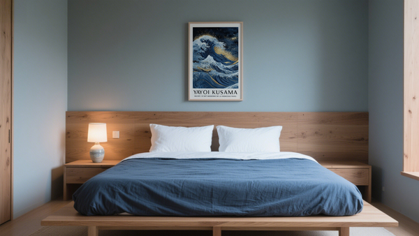 Original Japanese Art of Golden Great Wave above bed