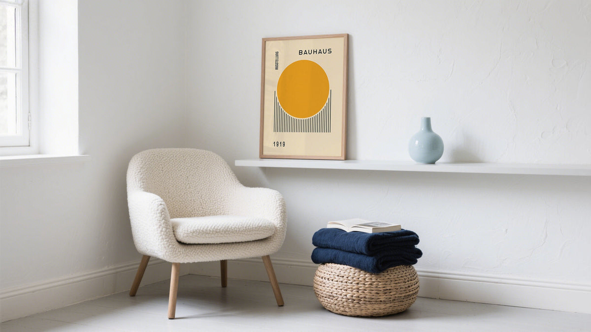 Neutral reading nook styled with modern furniture and decorative wall decor ideas featuring a framed Bauhaus print.