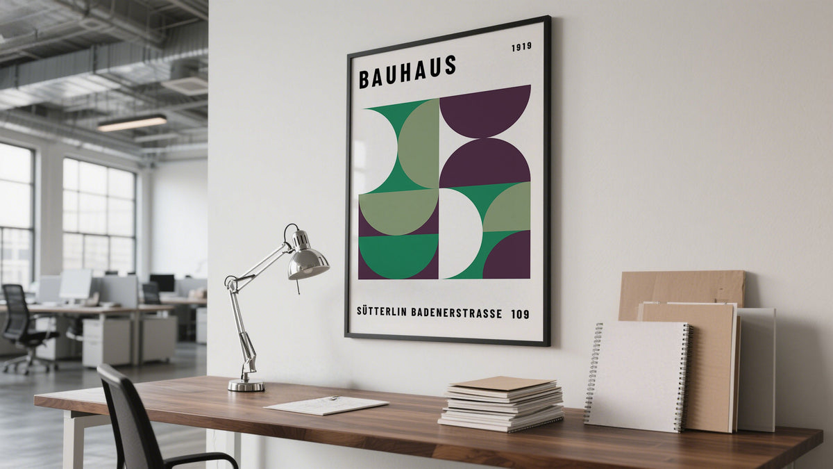 Framed extra large abstract wall art with bold geometric shapes in red, yellow, blue, and black leaning against a neutral wall in a modern office
