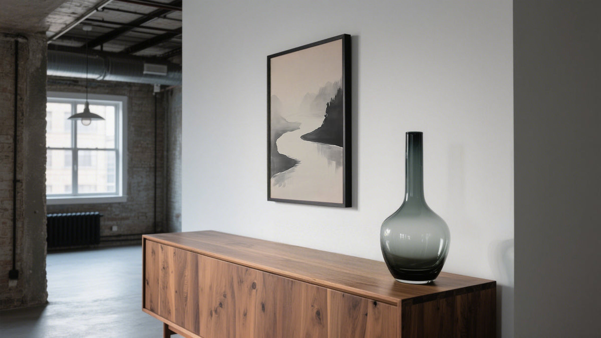 Gray Abstract Wall Art of Quiet River in Wabi Sabi Ink Style