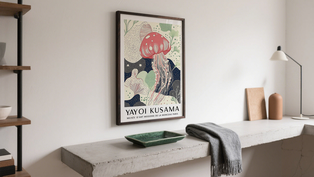 Large inexpensive wall art featuring a pastel jellyfish illustration for tranquil living spaces.