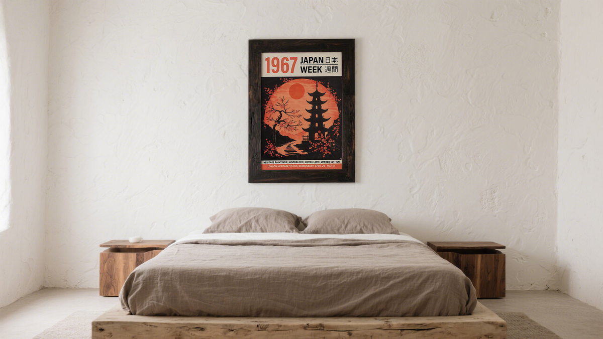 Ukiyo e Prints Japanese above a bed 