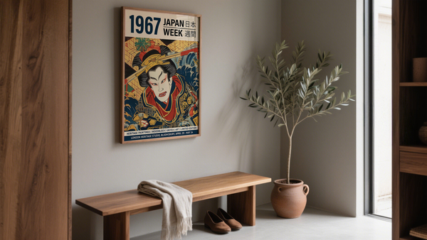 Vintage art prints Japanese poster from 1967 Japan Week featuring Kabuki actor in woodblock style, displayed above a wooden bench