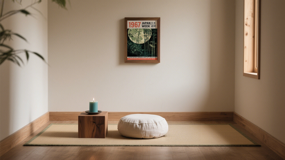 Japanese Art Prints of Moon and Bamboo in Yoga room