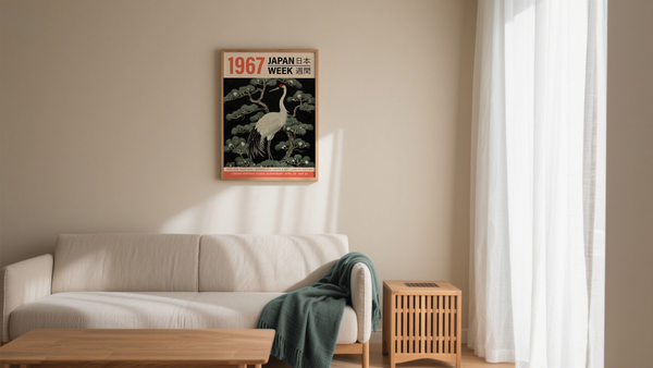 Interior featuring a vintage 1967 Japan Week poster with a traditional Japanese print.