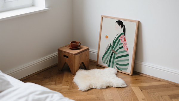 Pink Green Wall Art on bedroom floor leaning on wall