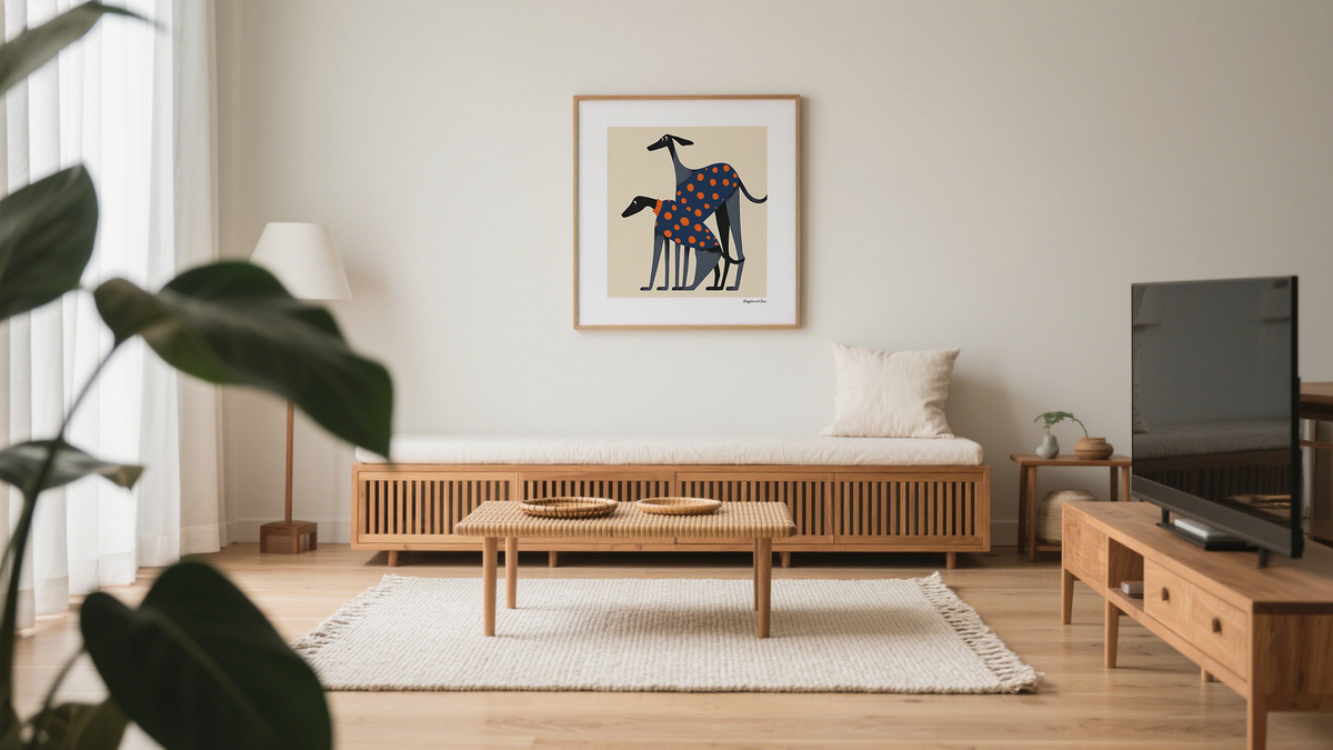 A large minimalist square framed greyhound artwork in living room