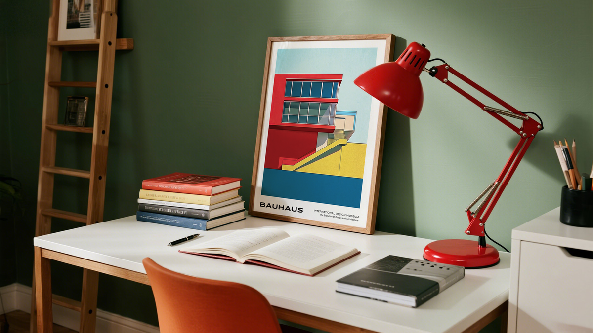 Abstract Geometric Wall Art of a Bauhaus Red and Yellow print building