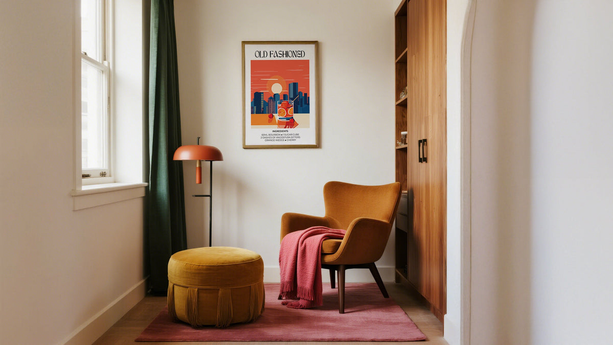 Old Fashioned Cocktail Art in Mid Century reading nook