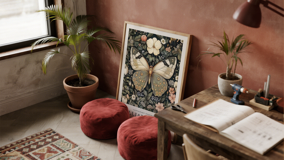 William Morris Butterfly poster with wildflowers