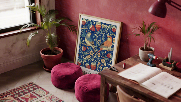 Artwork Vintage, Strawberry Field with birds in William Morris Style