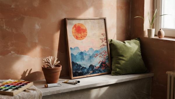 Japanese Abstract Art of Mountains, Cherry Blossom tree and sunrise