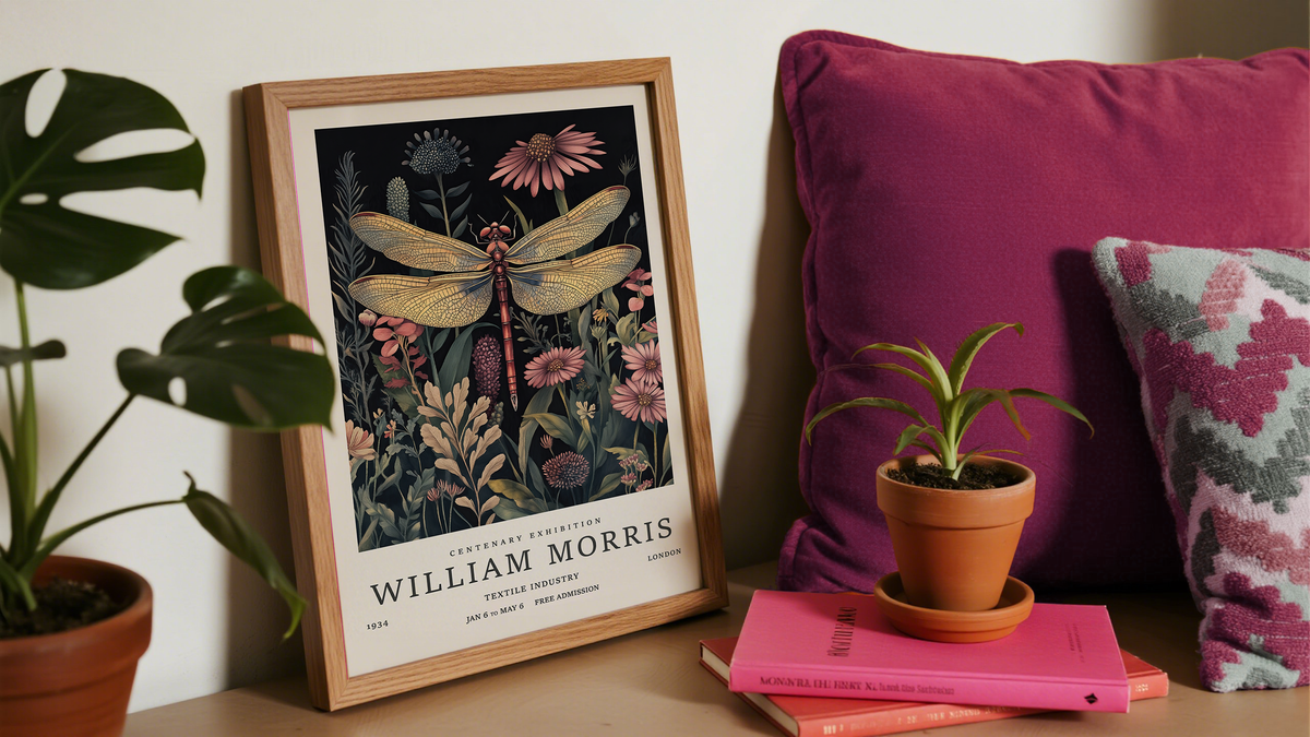 Dragonfly prints leaning on wall in cozy reading nook