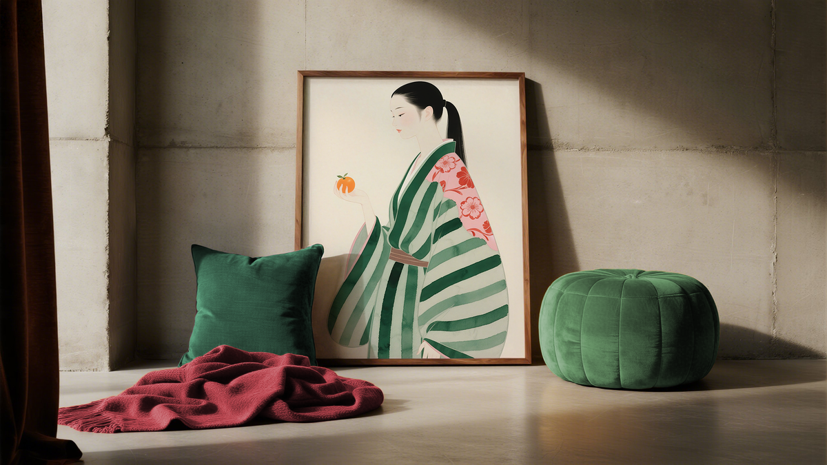 Japanese Traditional Artwork of a girl in kimono holding an orange