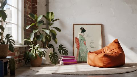 Japanese Style Artwork featuring a watercolor art print of a woman in kimono