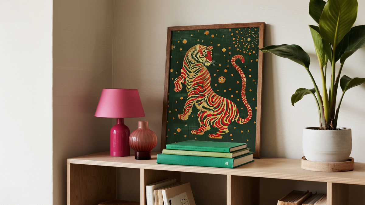 Asian Traditional Art of a Red and Gold Tiger on a green background
