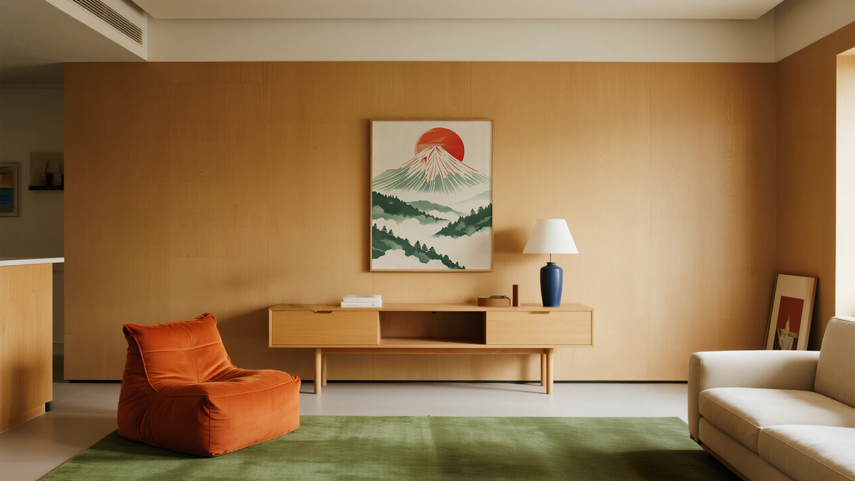 Mount Fuji Oriental Artwork in Japandi mid century interior