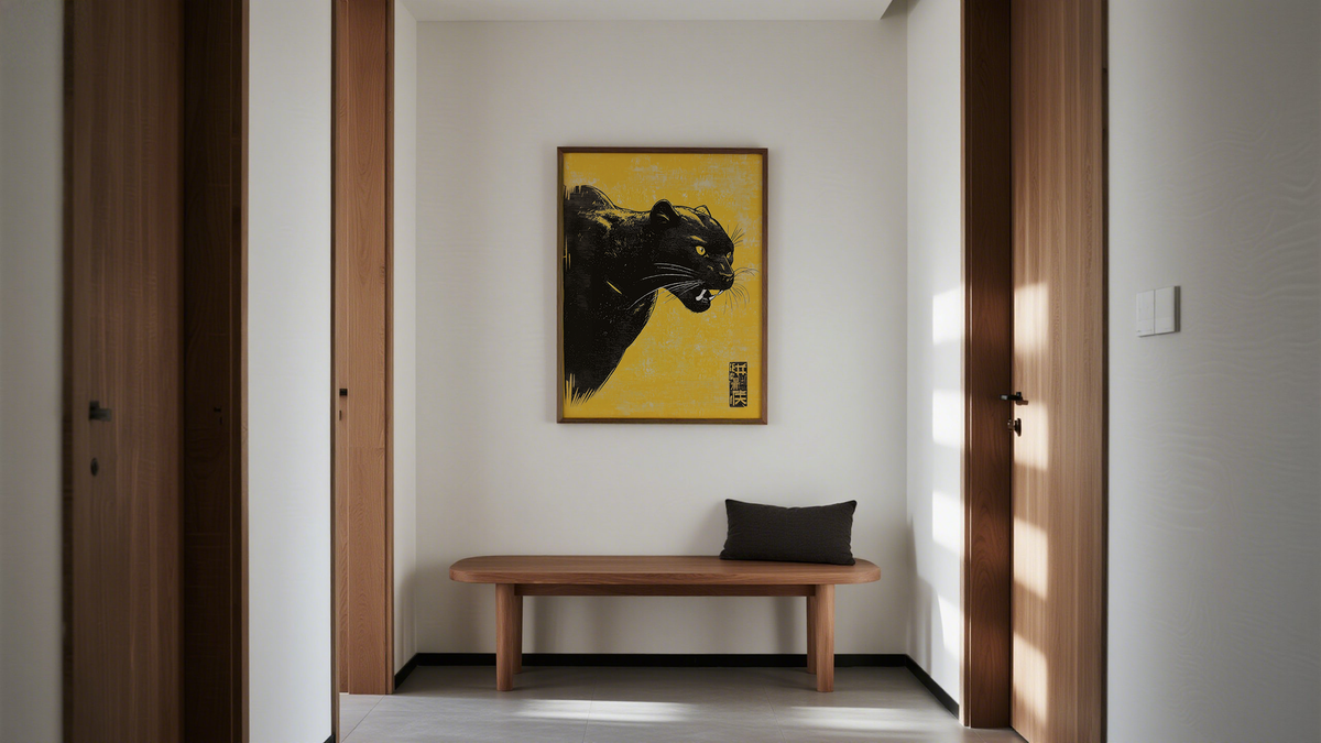 Traditional Japanese Wall Print of a Black Panther on yellow background