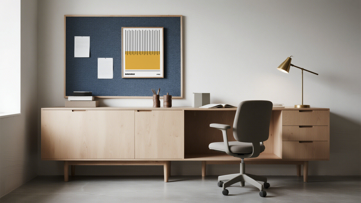 Bauhaus Wall Prints for Office in yellow above a desk