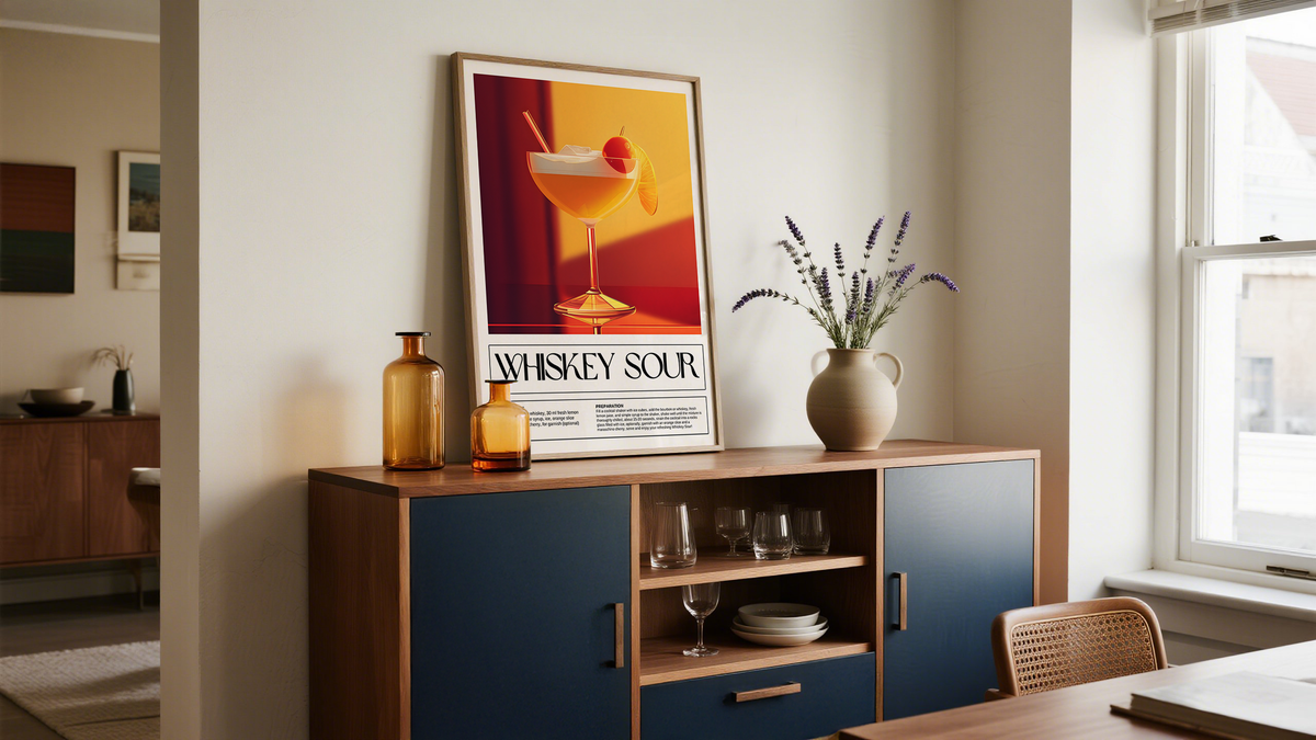Whiskey Artwork of Cocktail Poster in a home bar setup