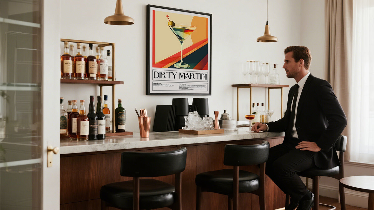 Liquor Art above a bar with a man sitting on a stool.