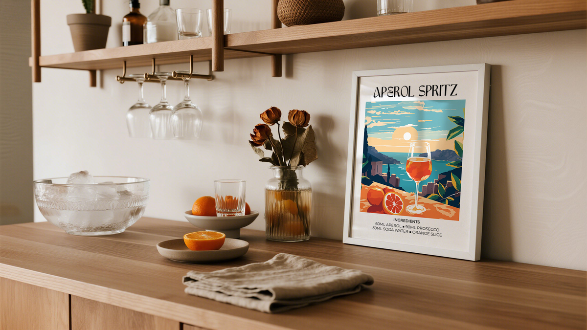 Drinking Art of an Aperol Spritz recipe on a kitchen counter