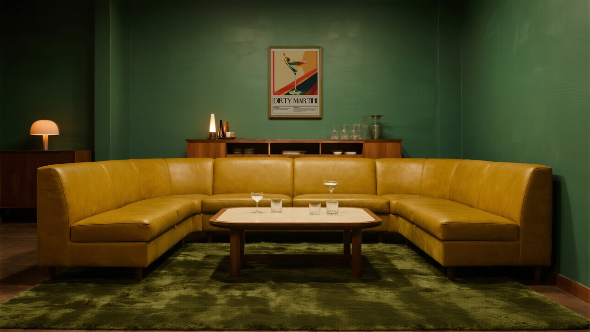 Drinks Art above a large leather sofa