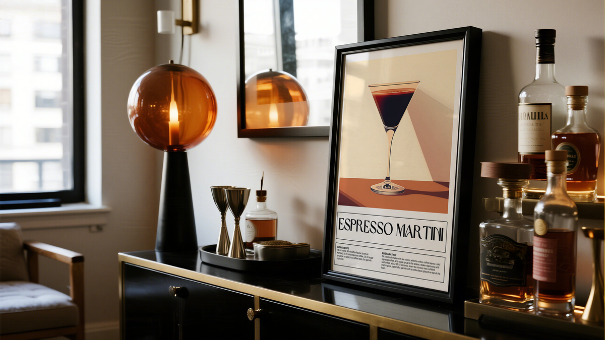 Espresso Martini Cocktail Poster in home bar setup