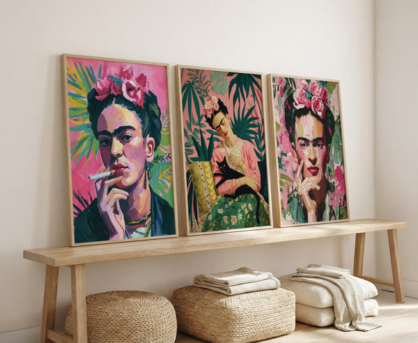 Framed wall art mockup featuring self portraits of Frida Kahlo, showcasing her unique artistic style.