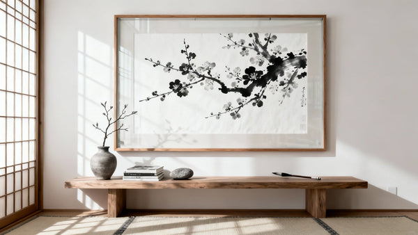 Framed wall art mockup showcasing elegant black and white Japanese art design.