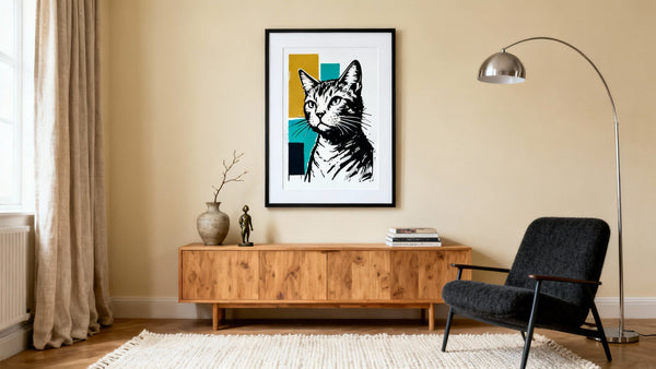 Framed cat mural wall art mockup showcasing creative decor ideas for various spaces.