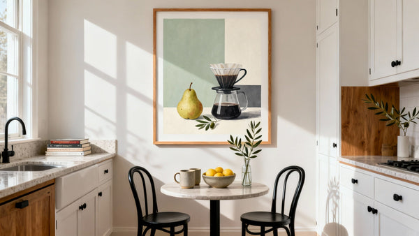 Framed contemporary wall art mockup for kitchen decor inspiration.