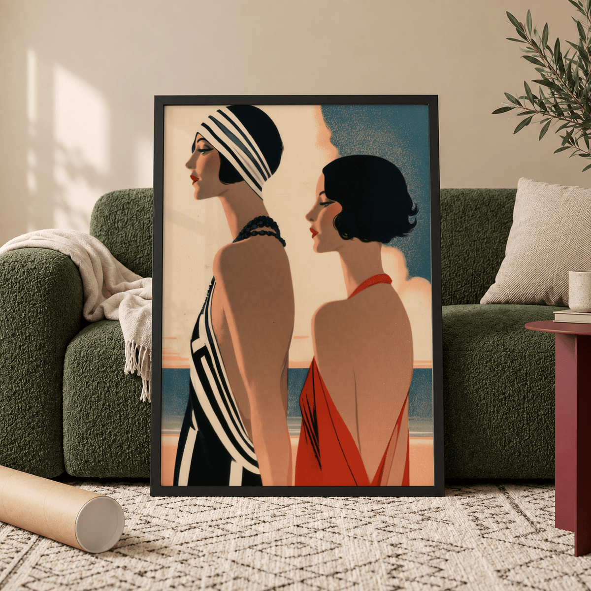 Art deco fashion print above a green sofa