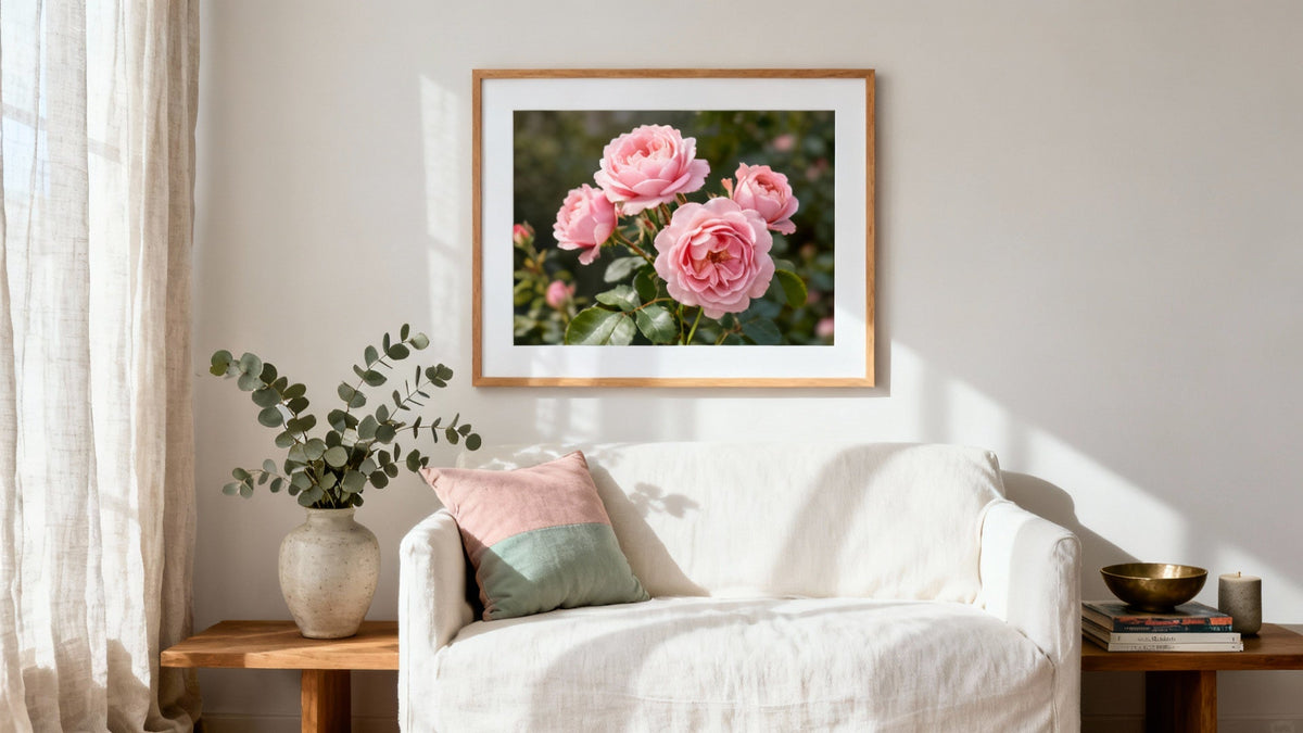 Framed floral wall art mockup showcasing vibrant blooms in a stylish interior setting.