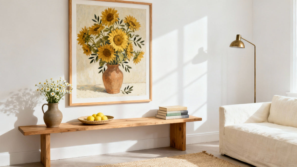 Framed sunflower wall art mockup showcasing vibrant blooms in a stylish interior setting.
