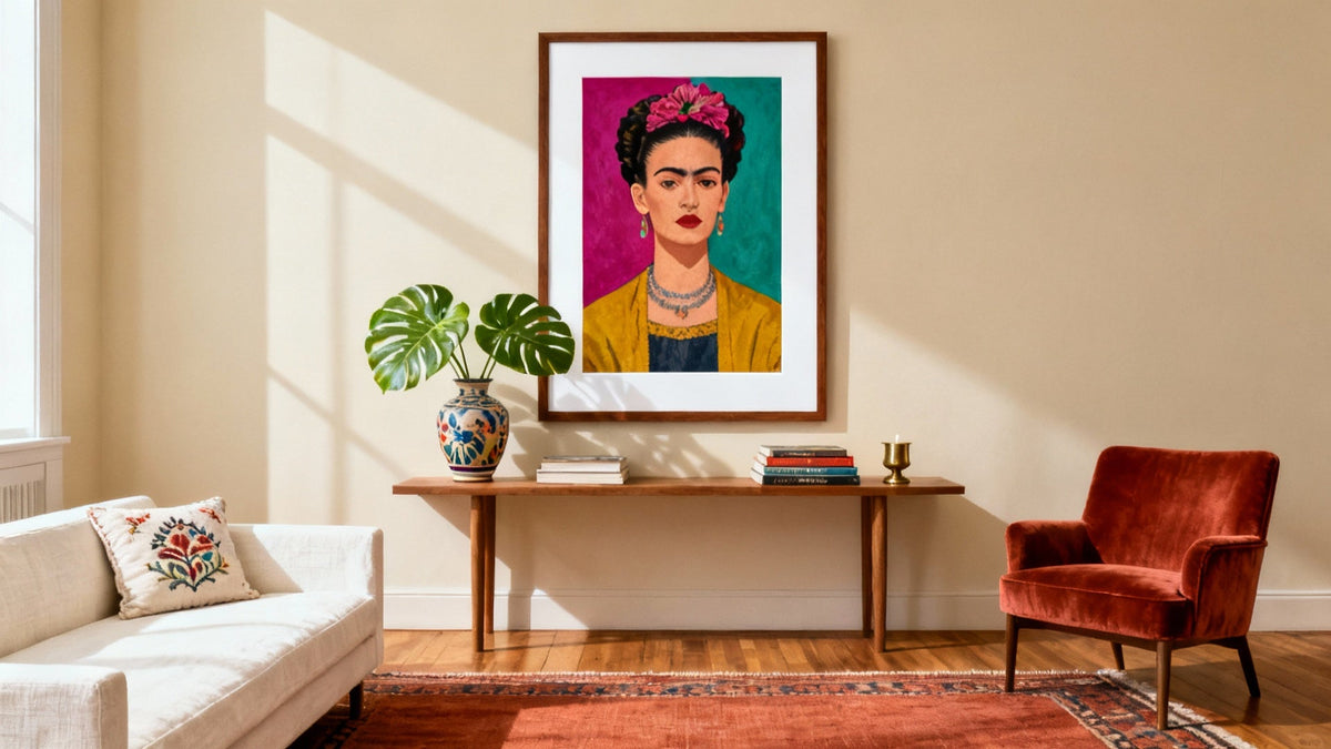 Frida Kahlo poster print mockup in a stylish frame, showcasing art that tells a story.