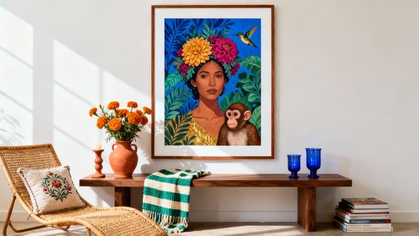 Framed wall art mockup featuring bold, personal Frida Kahlo style art, showcasing iconic colors and designs.