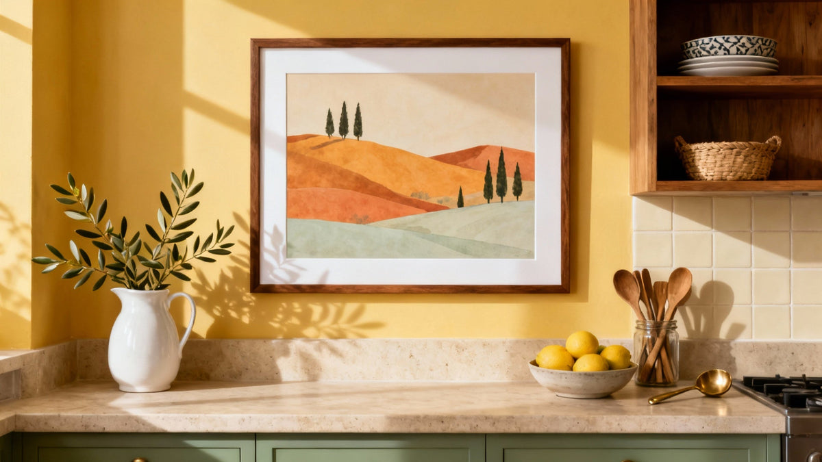 Framed wall art mockup showcasing Italy kitchen decor with charming Italian landscapes and culinary themes.