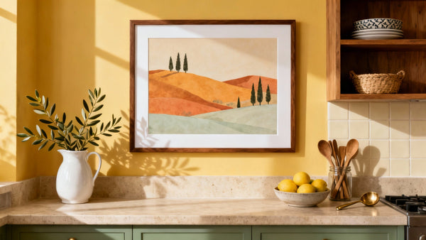 Framed wall art mockup showcasing Italy kitchen decor with charming Italian landscapes and culinary themes.