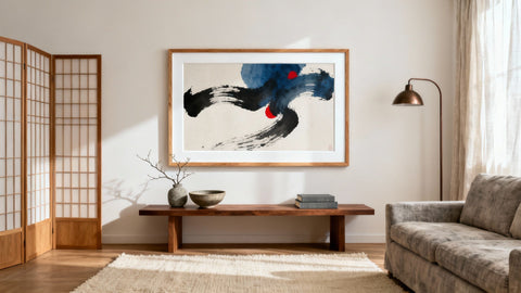 Framed wall art mockup featuring vibrant designs by Japanese abstract painters.