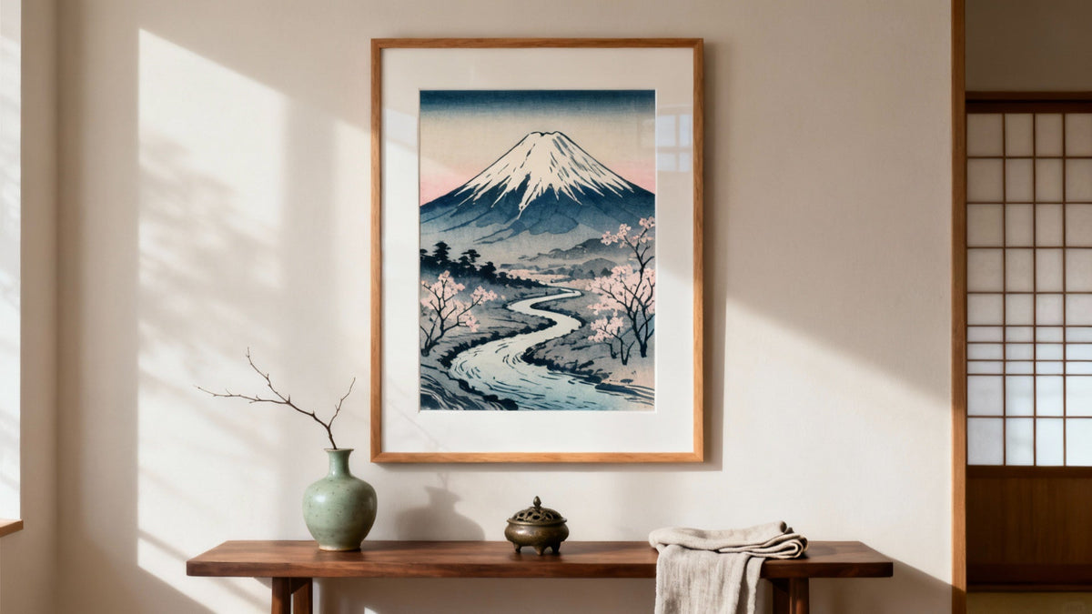Framed Japanese art mockup showcasing unique designs for sale.