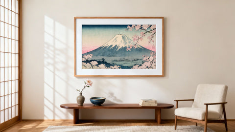 Elegant Japanese framed art mockup showcasing traditional designs and vibrant colors for home decor.