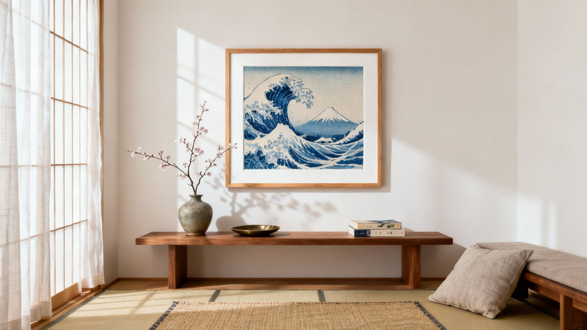 Framed wall art mockup featuring a beautiful Japanese print design.